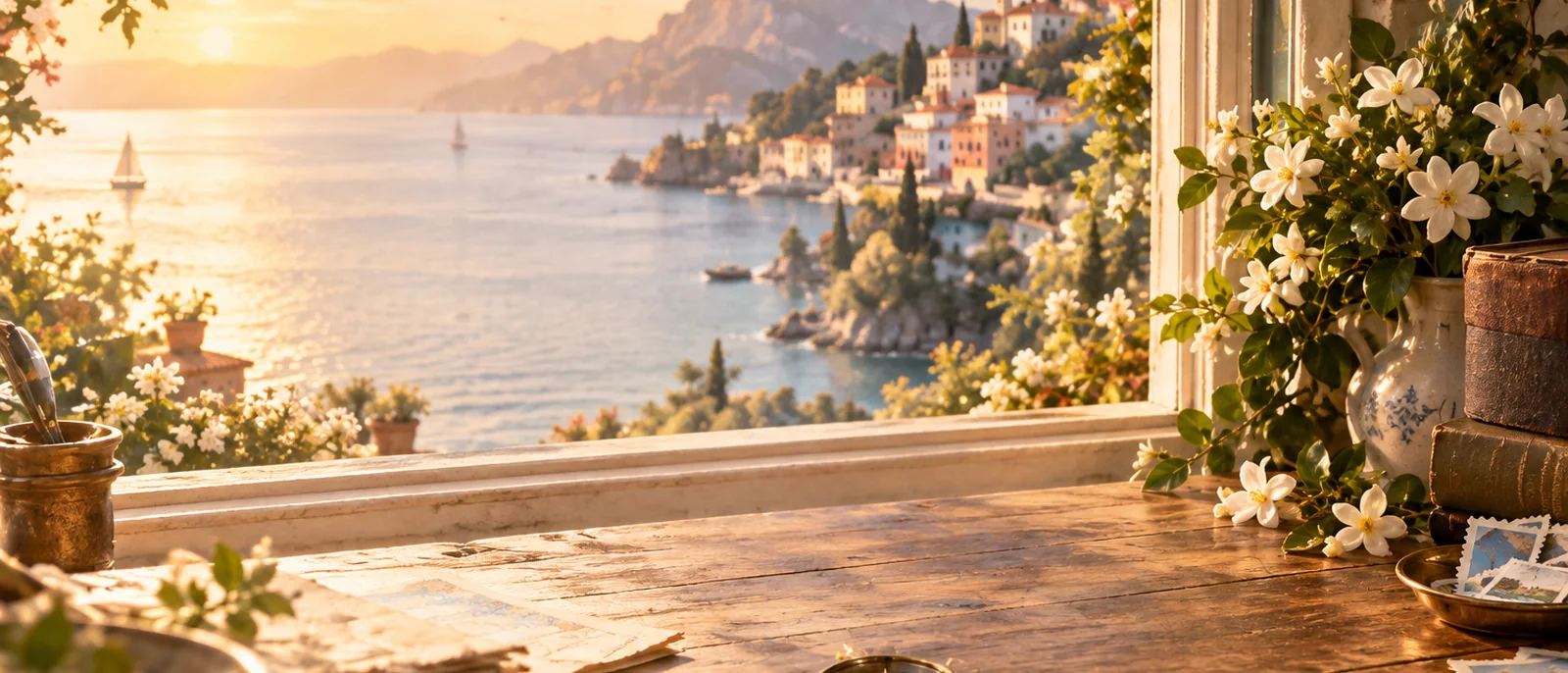 Sunlit writing desk overlooking a Mediterranean coast