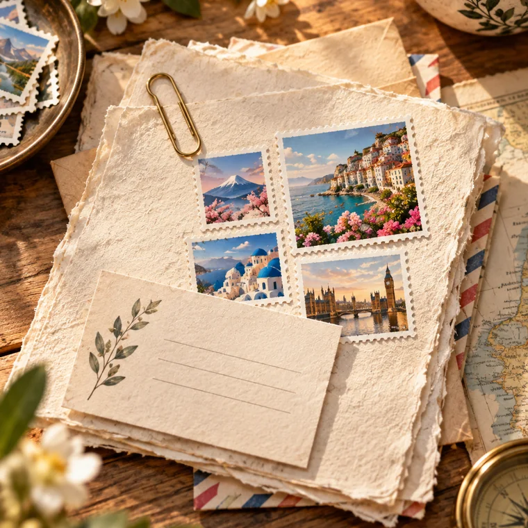 Stamps and handmade paper laid out on a desk