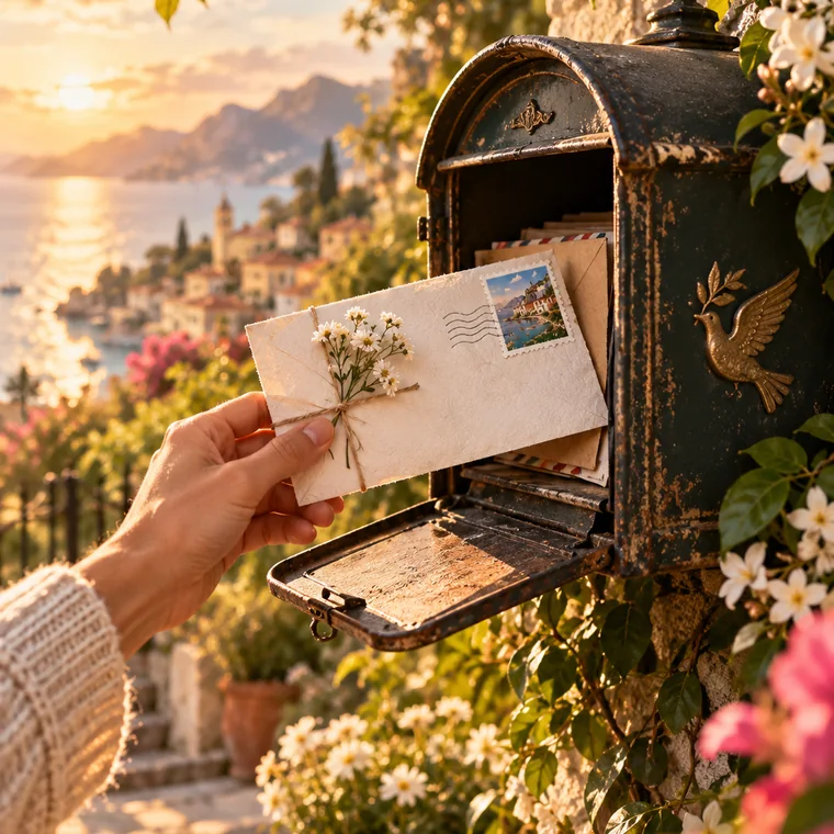 A letter arriving in a flower-lined mailbox