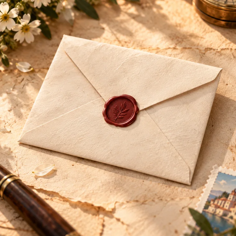 A cream envelope sealed with red wax