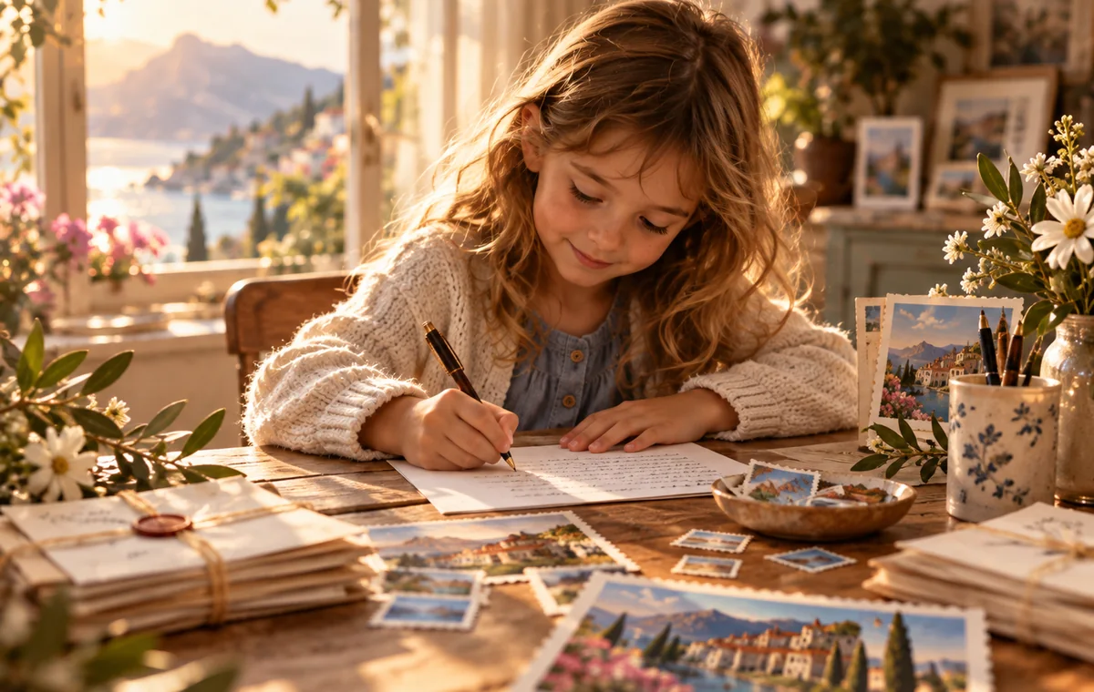 A child writing a letter at a sunlit table