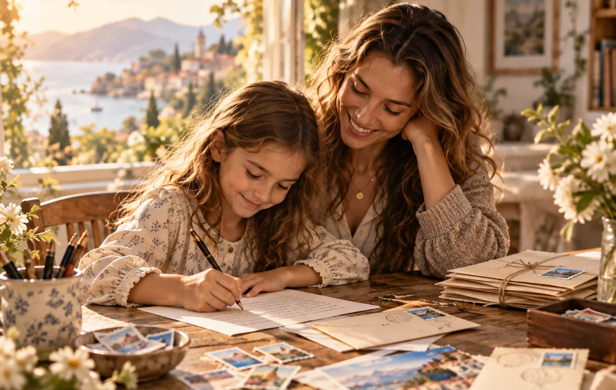 Mother and daughter writing a letter together